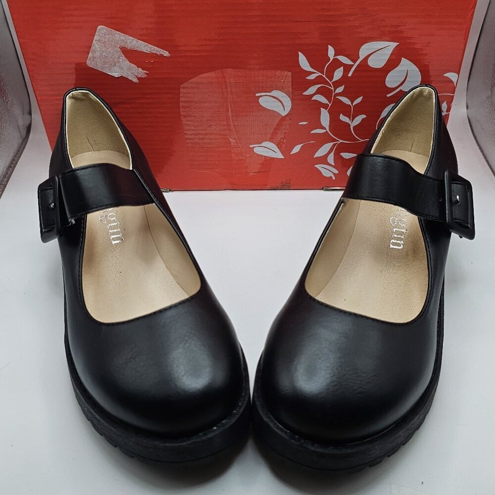 NIB Women's Sungtin Buckle Platform Uniform Dress‎ Shoes Black Size 7
